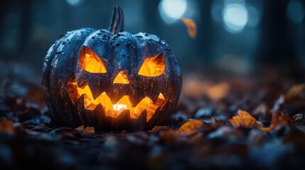 A carved pumpkin glows eerily in a misty forest, surrounded by fallen leaves, embodying the spirit of Halloween.