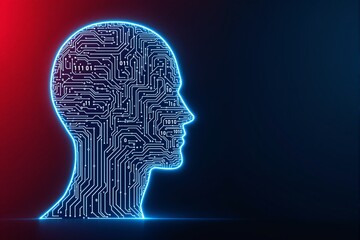 Obraz premium Digital human head silhouette with circuit board pattern.