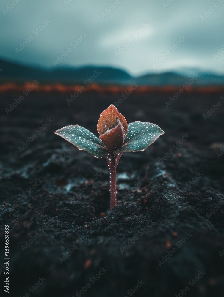 Aufkleber regenerative growth resilient seedling emerging through moody landscape - climate adaptation and sus