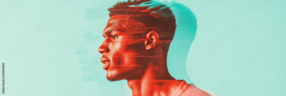 Poster Neuromorphic Design Portrait Dynamic Human Silhouette in Gradient Thermal Mapping - Innovative Digital Identity Visualization for Tech and Creative Industries