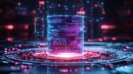 A digital cylinder radiates vibrant colors, surrounded by glowing particles, evoking themes of technology and data visualization.