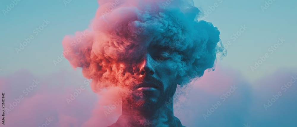 Poster ethereal mind mapping surreal digital portrait exploring cognitive flux, emotional complexity, and a