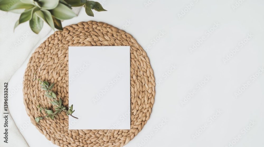 Poster a minimalist scene featuring a blank paper on a woven placemat with greenery, creating a serene and 