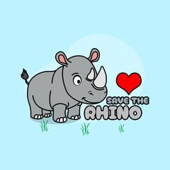 Save The Rhino Day to celebrate on May 1st. Illustration of a cute rhino with red heart and grass on sky blue background. Animal event banner.