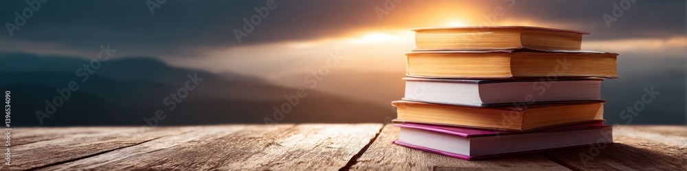 Fototapete transformative learning horizon minimalist book stack on rustic wooden surface - inspiring education