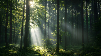 Fototapeta premium forest, trees, fog, nature, sun, tree, autumn, mist, landscape, light, misty, wood, green, woods, path, sunlight, morning, woodland, foggy, sunrise, fall, park, pine, summer, foliage