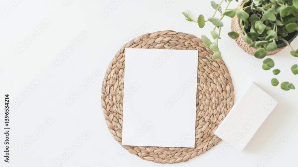 Poster a minimalistic workspace featuring a blank sheet of paper on a woven mat, accompanied by a small pla