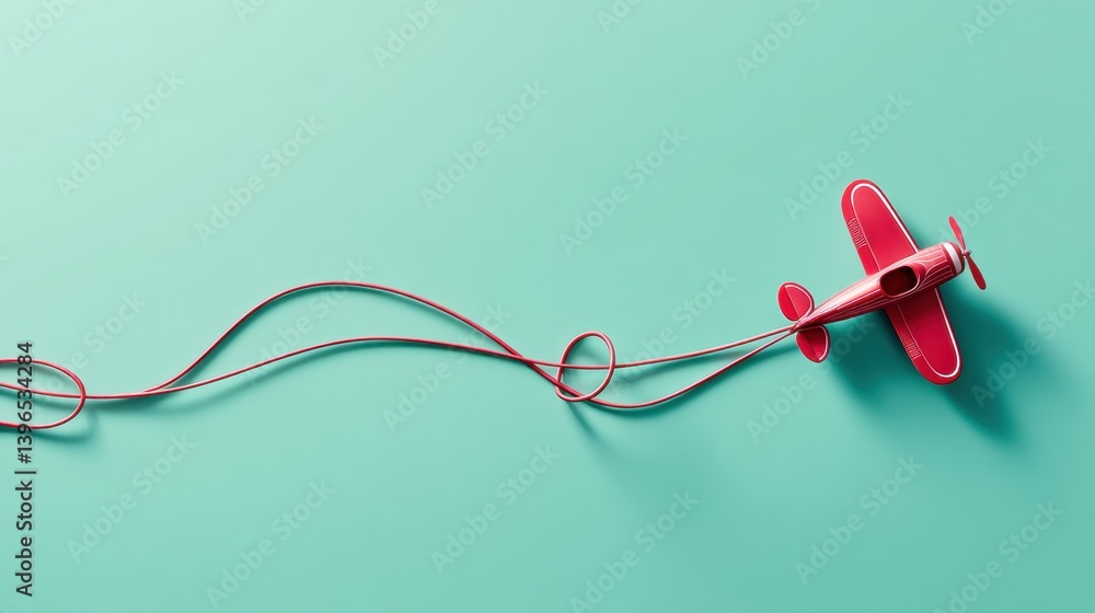 Poster Minimalist Travel Dreams Whimsical Red Airplane Concept with Dynamic String Path - Inspiring Modern Wanderlust and Creative Journey Visualization