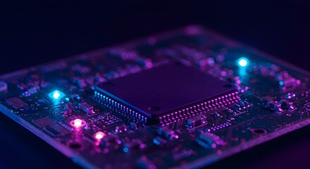 Macro shot of a microchip with purple and blue lights on a dark background, showcasing the intricate circuitry and technological innovation.