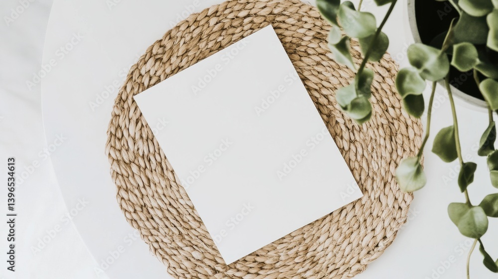 Poster a blank sheet of paper rests on a woven placemat surrounded by greenery, creating a serene and minim