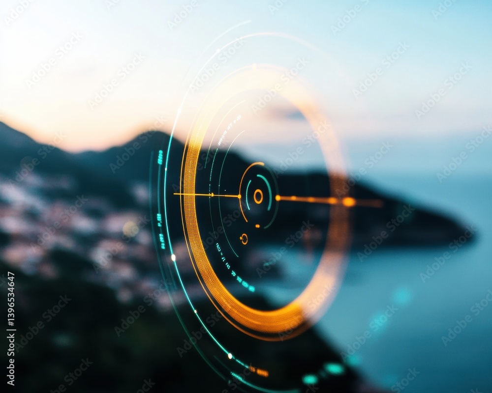 Poster futuristic maritime navigation tech immersive holographic radar interface visualizing coastal positi