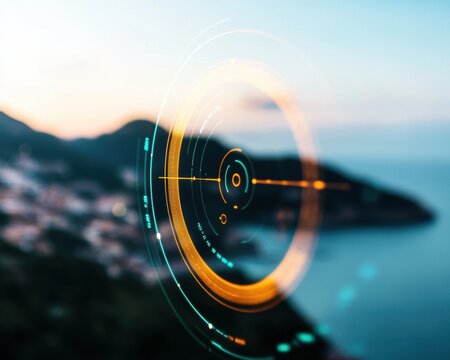 Futuristic Maritime Navigation Tech Immersive Holographic Radar Interface Visualizing Coastal Positioning with Next-Gen Digital Precision for Global Maritime Industries