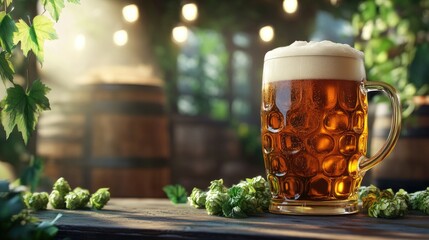 Enjoying Fresh Beer Mug with Hops on Wooden Table Outdoors
