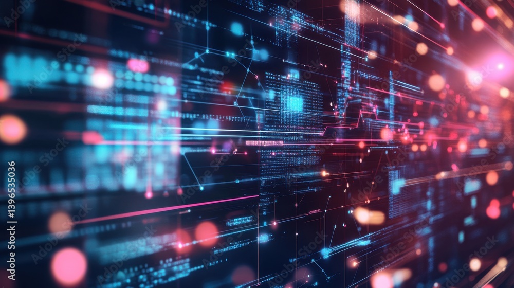 Poster a vibrant digital interface featuring glowing lines, nodes, and data elements, creating a futuristic
