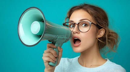 Fototapeta premium Voice of Clarity: A woman holding a megaphone against a teal backdrop, expressing her voice with emphasis, demonstrating communication and announcement. 
