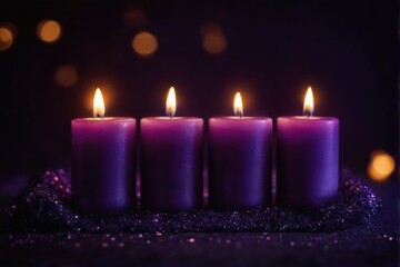 Purple candles illuminating a dreamy night sky background with bokeh lights, creating a peaceful and romantic ambiance.