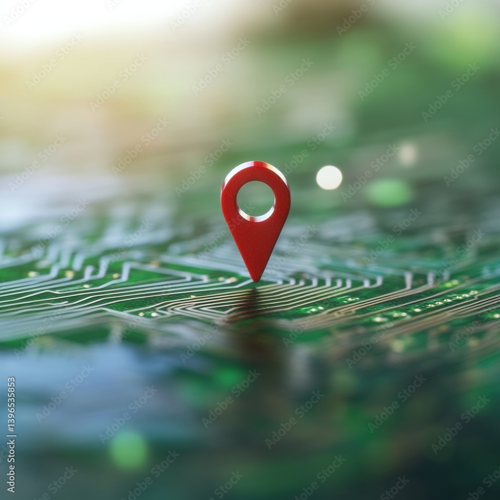Leinwandbilder Next-Gen Digital Navigation Innovative Tech Roadmap Visualization with Geolocation Pinpoint on Futuristic Circuit Landscape - Strategic Innovation Pathway for AI-Driven Business Transformation