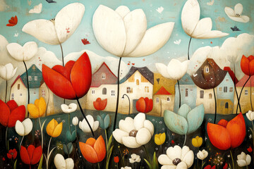 illustration of a picturesque countryside village in springtime,. AI generative.