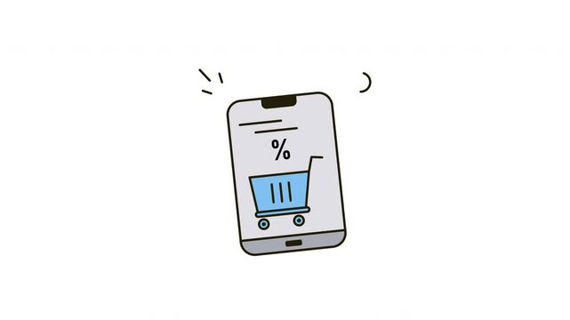 animation smart phone with a shopping cart and percent sign.