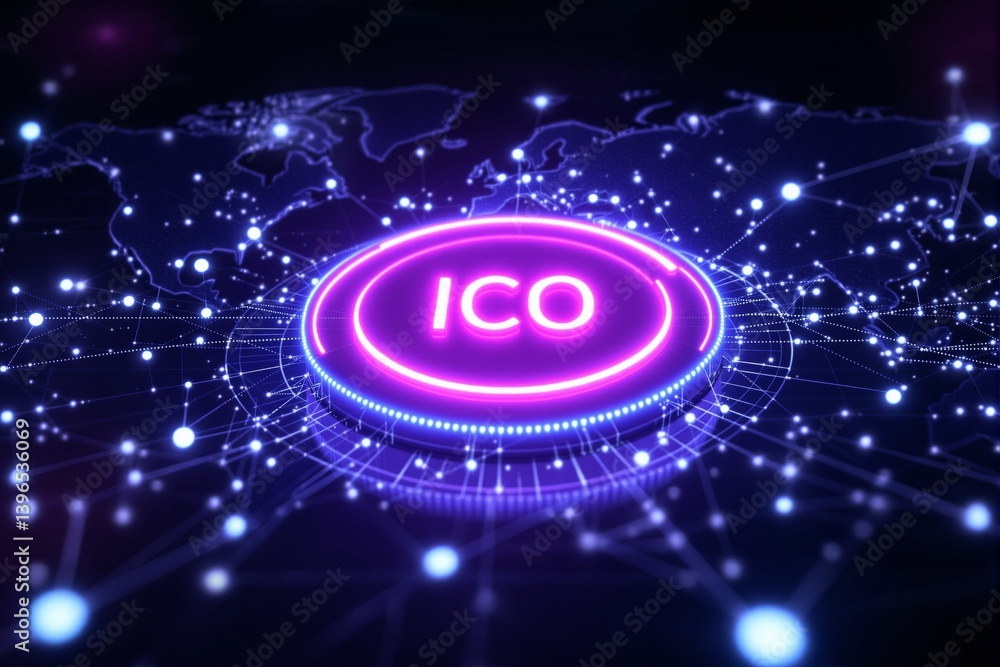 Aufkleber futuristic glowing ico button on digital network background.