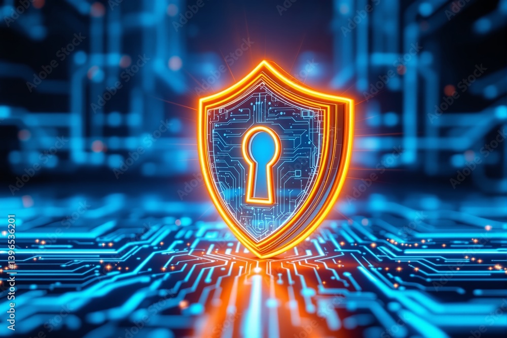 Poster cybersecurity shield with glowing keyhole on a circuit board background.