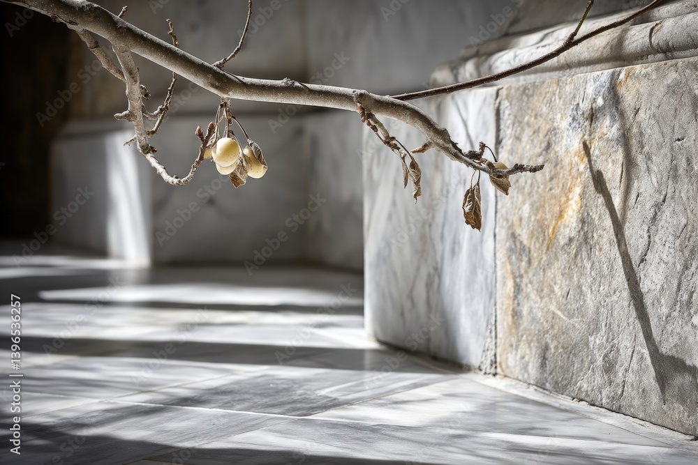 Poster dry branch casting shadows on a marble surface in soft light.