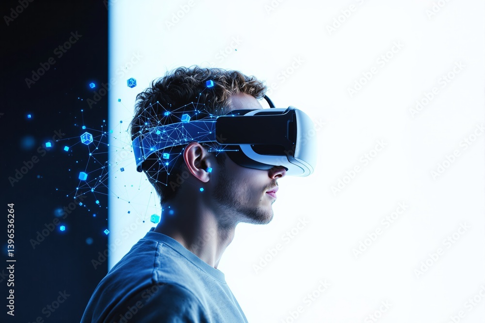 Poster Man using VR headset with digital network connections.