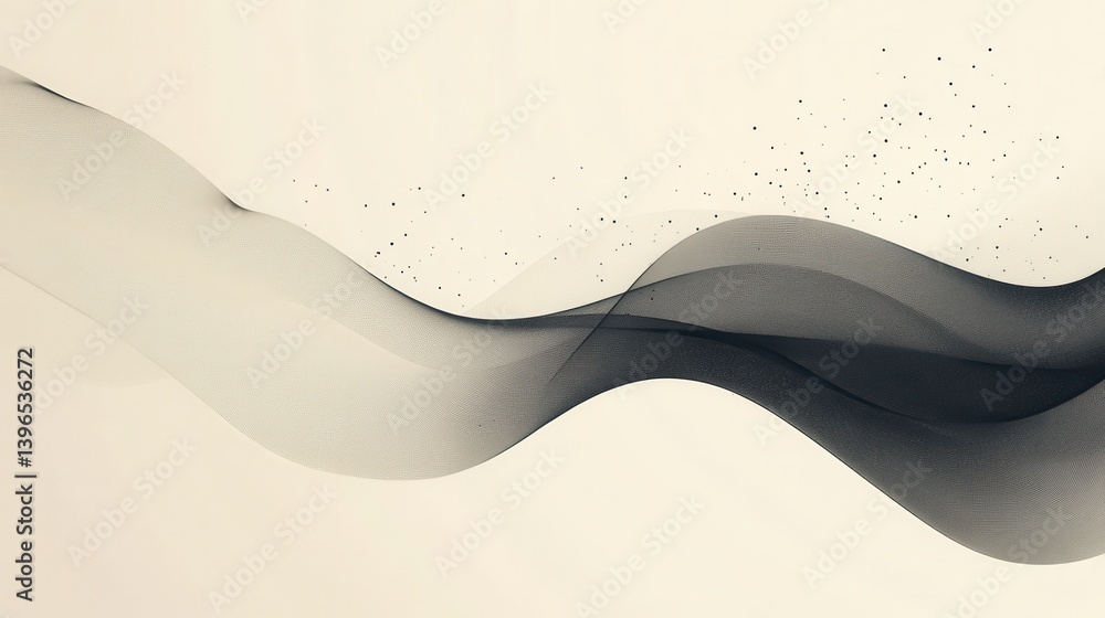 Poster abstract wave design in black and gray tones, featuring smooth curves and subtle textures, creating 