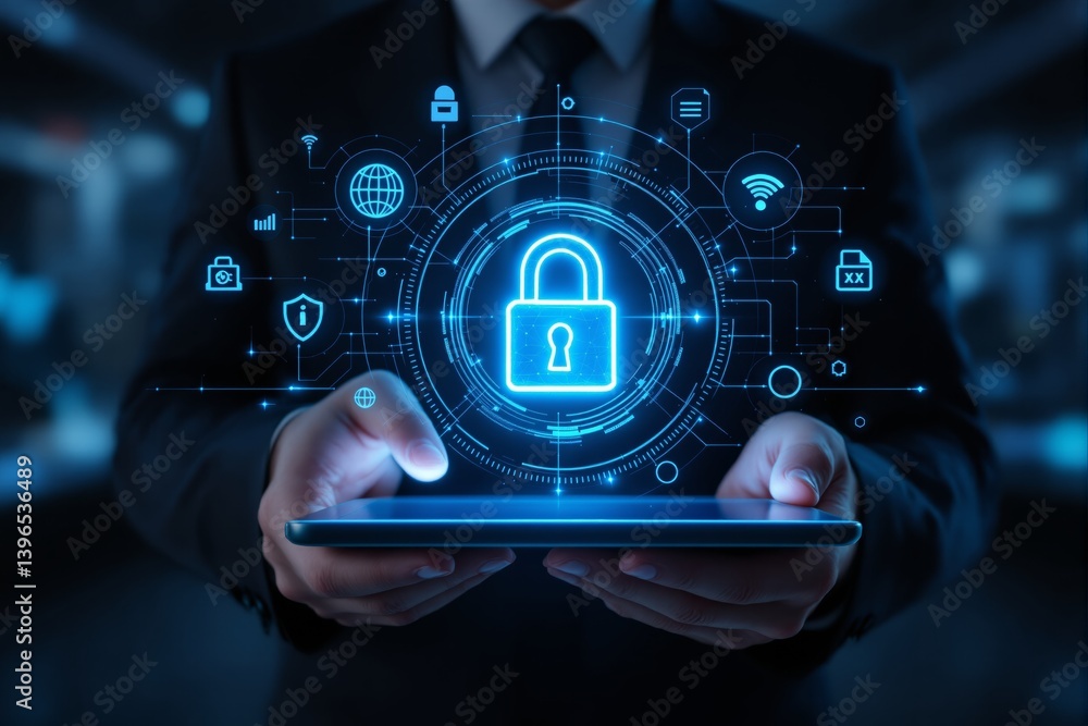 Poster cybersecurity concept with digital lock icon over tablet.