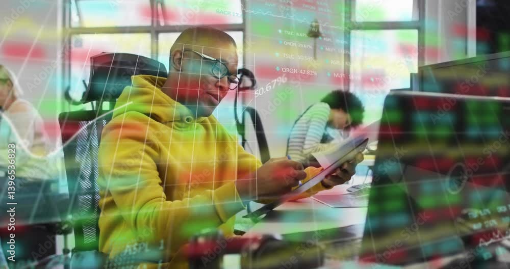Poster analyzing financial graphs, business professionals working in office with data animation