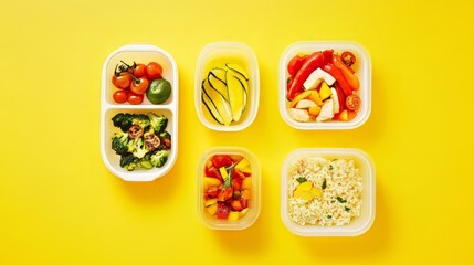 Colorful healthy meal prep: Five containers filled with fresh vegetables and grains, on yellow surface.