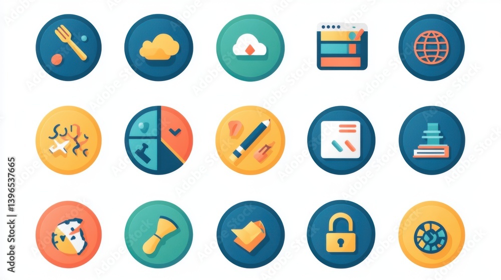 Poster a collection of colorful icons representing various concepts such as food, design, technology, and s