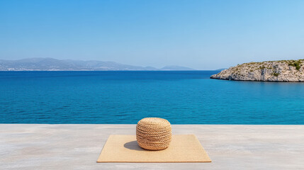 serene coastal scene featuring woven pouf natural mat, overlooking tranquil blue sea