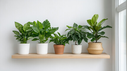 Obraz premium Lush green plants arranged on wooden shelf, creating serene indoor atmosphere