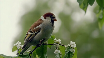 Sparrow perched on flowering branch, spring garden