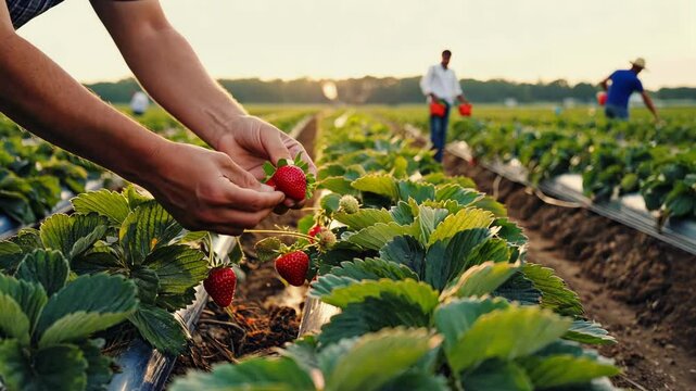 Close up of hands picking ripe strawberries on farm at sunset, with people harvesting in background, showing teamwork, fresh produce, and natural agriculture during peak strawberry season in summer.