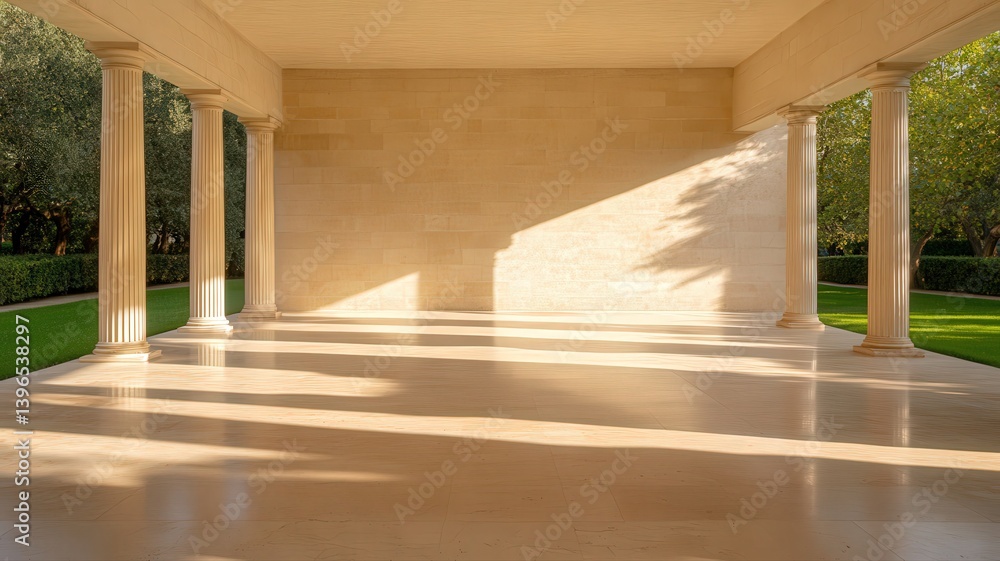 Poster covered building facade with cream columns sunlight and geometric shadows on tiled floor and wall in