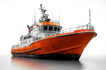Fototapeta premium Orange And White Maritime Service Vessel In Calm Water Against A White Background