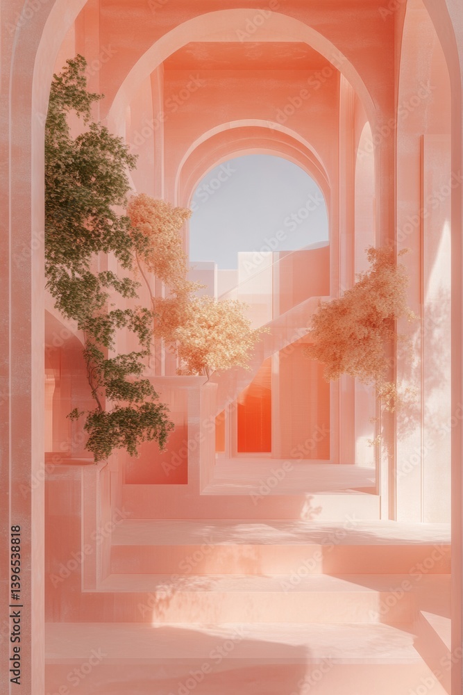 Aufkleber ethereal coral architectural dreamscape minimalist arched corridor with soft botanical accents - tra