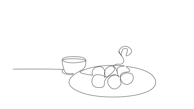 Self drawing animation of continuous one line drawing hand taking a piece of cheese ball with melted cheese. Spicy and savory. Increase appetite. National Cheese Ball Day. Full length animated