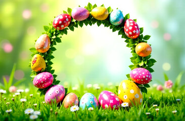 Circle of colorful painted eggs with copy space inside, on a light green spring nature background. Happy Easter greeting card, postcard
