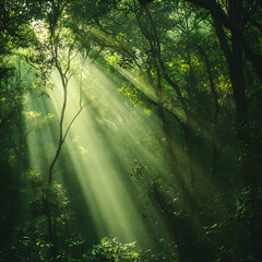 Obraz premium sun rays through the forest