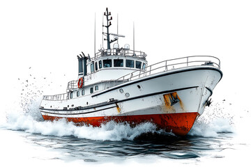 Fototapeta premium Fishing Boat Crashing Through Waves On The Open Ocean White Background