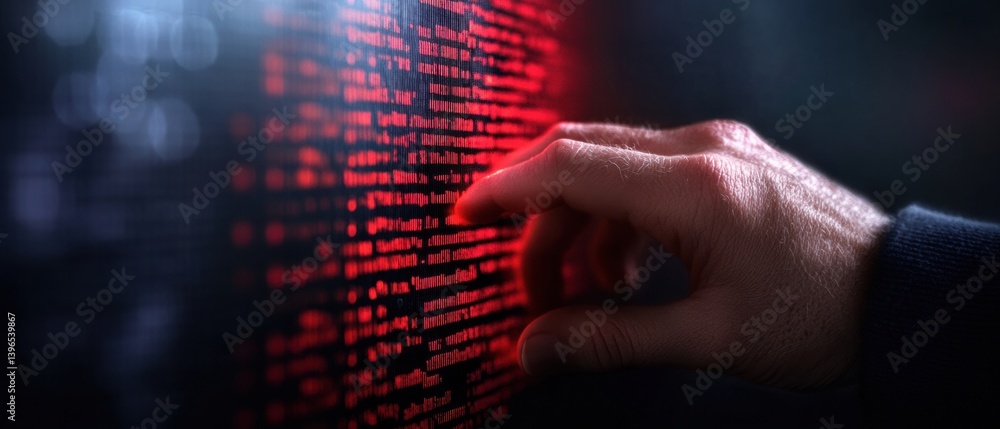 Poster Digital Threat Visualization Cybersecurity Expert Analyzing Intrusion Patterns with Immersive Red Data Interface - High-Stakes Technological Risk Management