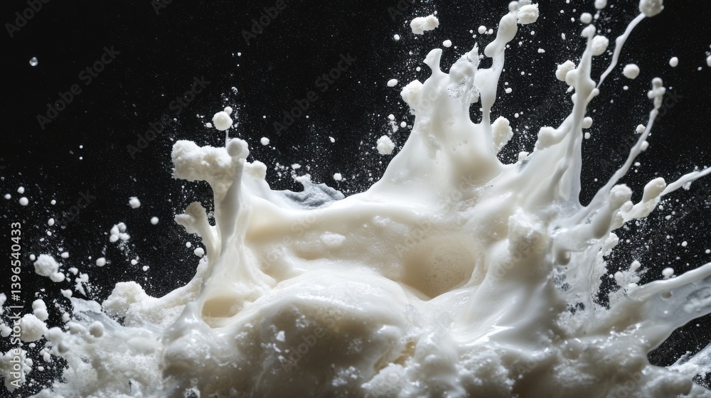 Poster a close-up image of a dynamic milk splash, capturing the fluid motion and texture against a dark bac
