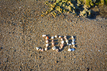 Word JOY formed from small seashells on a sandy beach. 