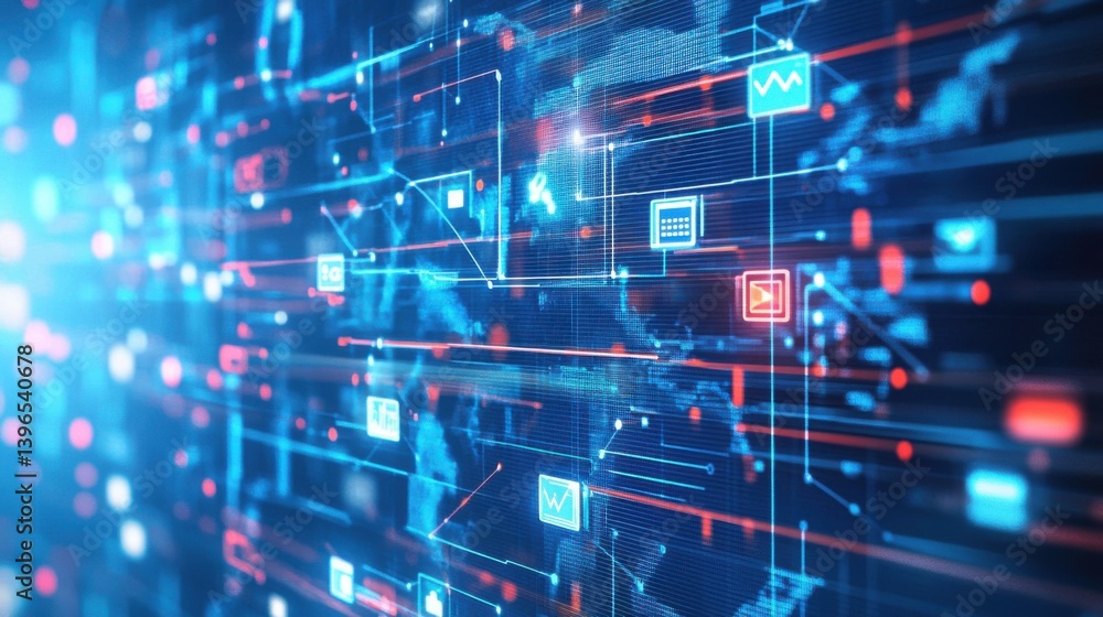 Poster a vibrant digital representation of interconnected data points and graphs, illustrating technology a
