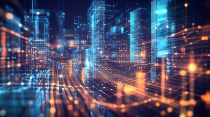 Fototapeta premium A futuristic cityscape with glowing buildings and flowing light trails, representing technology and digital innovation.