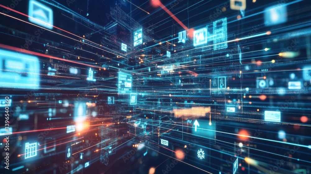 Aufkleber a digital landscape featuring glowing data streams and icons, representing advanced technology and i