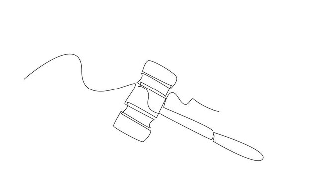 Animated self drawing of single continuous line drawing hammer wood lying side by side with wooden sleepers. The auction is postponed. National Auctioneers Day. Full length single line animation